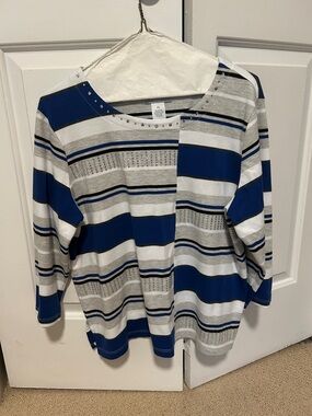 Alfred Dunner Blue, Gray, Black and White Striped Petite Top with Rhinestones